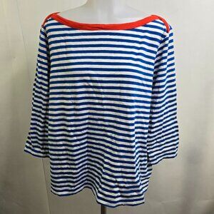 Boden Top 16 18 Plus Size Blue Stripe Boat Neck 3/4 Sleeve 100% Cotton Summer